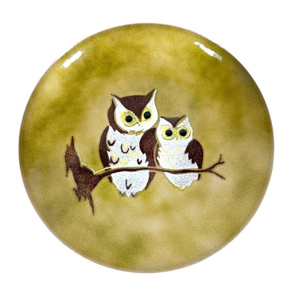Handcrafted Enamel on Copper Owl Plate 7" Bovano Cheshire Conn USA Vintage MCM - Picture 1 of 11